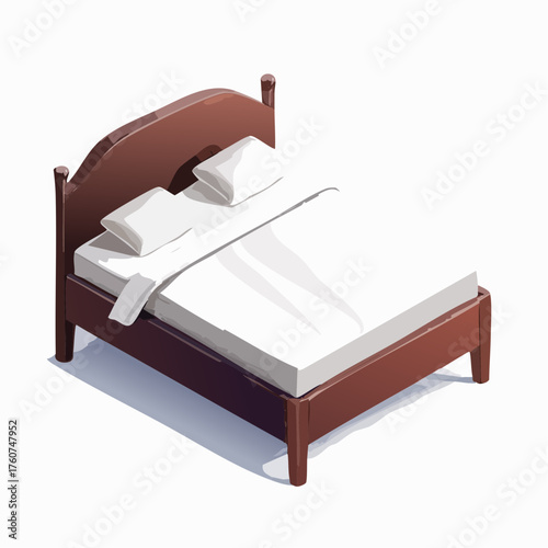 Isometric illustration of a wooden bed with pillows and white linens