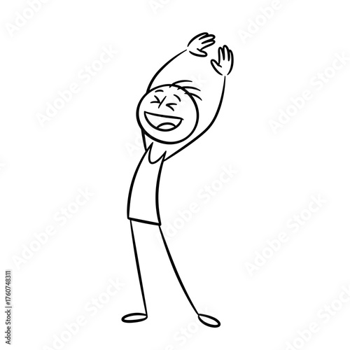 Stick figure happily doing morning exercises in a simple line drawing style  