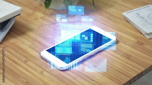 Smartphone Displaying Digital Hologram Interface Representing Technology and Data Innovation