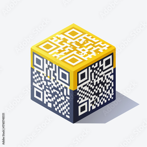 Isometric yellow qr code cube on white background for digital communication