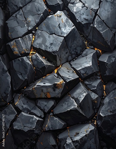 Dark, cracked rocks with golden fissures