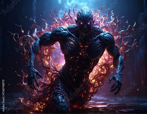 Dark demon figure, fire aura, glowing eyes