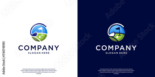 sports logo with a circular style, golf club and ball, professional championship, vector template design.