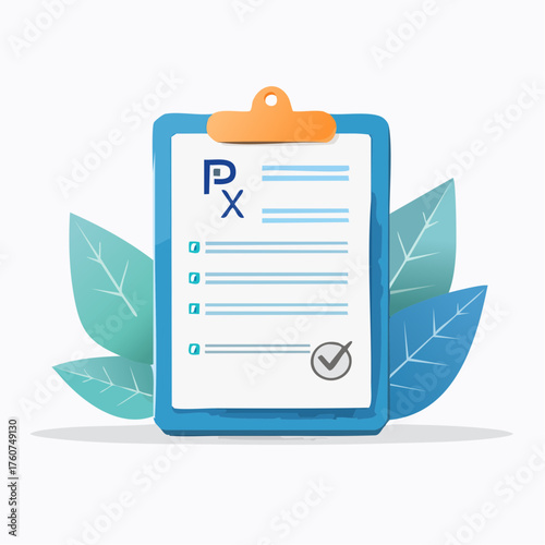 Medical prescription illustration with checklist and green leaves elements