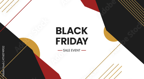 Modern Black Friday Sale Event graphic banner featuring bold typography and abstract geometric shapes in black red and gold