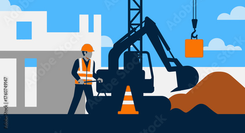 Construction worker and heavy machinery at a building site representing industry and development