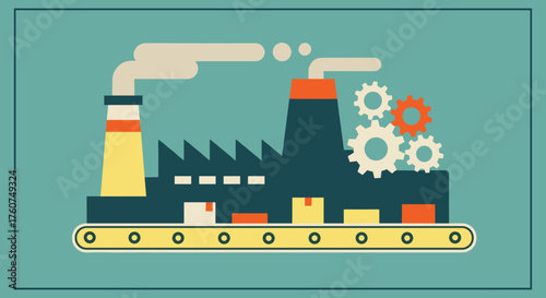 Retro factory illustration showing production line gears and smokestacks Manufacturing concept