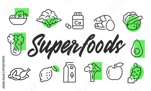 Superfoods poster. Superfoods poster design with healthy icons. Broccoli, Avocado, Lemon, Apple, Salad icons. Simple poster for presentations, covers. Banner template. Vector illustration.