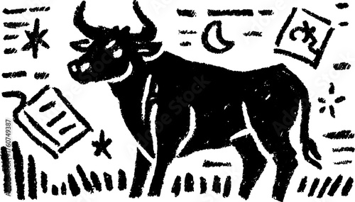 Black cow illustration in silhouette style. Simple vector design depicting rural animal in agricultural context.