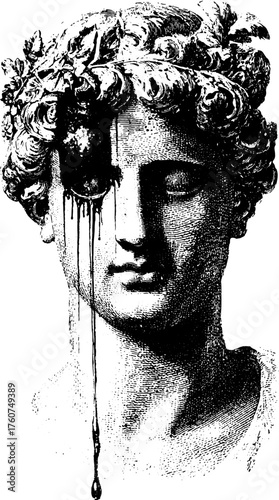 Classical statue bust with laurel wreath and black ink dripping from one eye. Monochrome engraving style vector illustration with detailed texture.