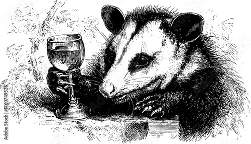 Vintage engraving of a possum holding a glass. This black and white vector illustration features detailed textures in a classic style.