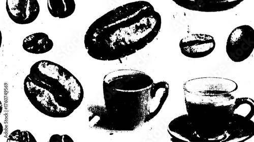 Vintage coffee cup and beans vector illustration in black and white. Engraving style art set captures a classic cafe atmosphere.