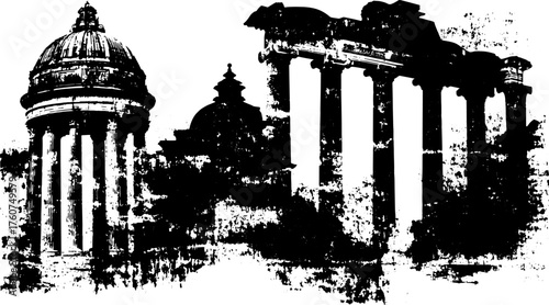 Vintage engraving of architectural structures. Black and white line drawing illustrating classic monuments. Detailed vector illustration set.