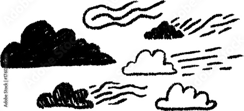 Black cloud sketch in a flat, simple design. This vector illustration features various cloud shapes in a creative style, perfect for design projects.