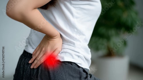 83Woman with hand pressed to her hip, vivid red spot marking hip pain, clinical plain white backdrop