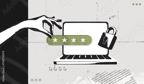 Trendy Halftone Stipple effect Human Hand holding Pin Code on Screen Computer Laptop. Locked padlock with password. Protecting your personal data online. Retro vintage vector art illustration