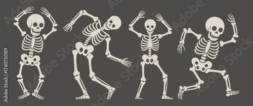 Dancing Skeletons Group Illustration Bone Structure Halloween Celebration Symbolic Grave Flat Human Bones Body Part Anatomy Ribcage Skull Femur Tibia Skeleton Cartoon Dead Bone