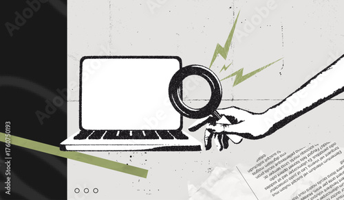 Trendy Halftone Stipple effect Computer laptop and hand holds magnifying glass. Search for information on internet. Find job online. Hr looking for employees. Retro vintage vector illustration art