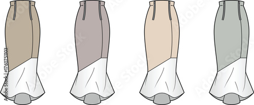 Illustration showcasing four unique skirt designs with varying color palettes and stylish tailoring details