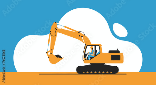 Heavy duty yellow excavator with operator symbolizing construction industry and development