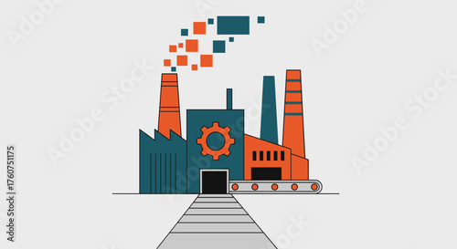 Stylized factory building with conveyor and gear icon representing industry manufacturing and commerce