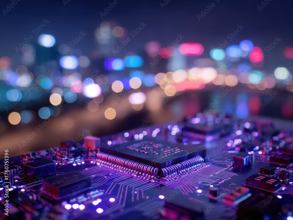 Fototapeta premium Vibrant city lights reflecting on a glowing purple circuit board, urban computing, night cityscape, data streams, technological advancement, metropolitan infrastructure, digital innovation, electronic