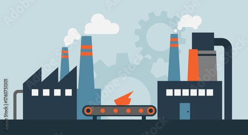 Manufacturing industry illustration factory buildings conveyor belt and gears