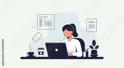 Professional woman working remotely on laptop Business and freelance concept illustration