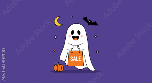 Cute ghost character holds SALE bag on purple background for Halloween promotion