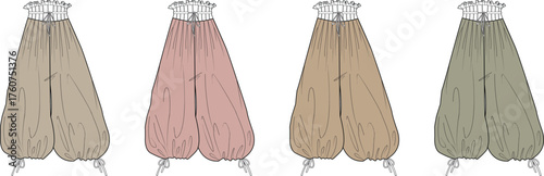 Set of historical baggy breeches in four different colors. Vector fashion flat sketch of vintage style bloomer pants