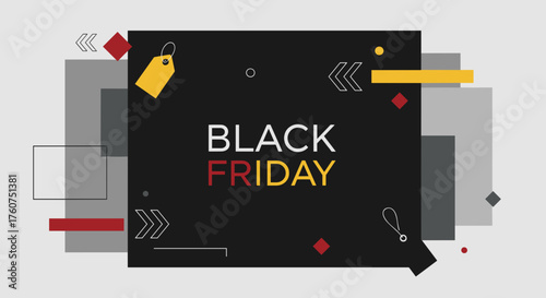 Black Friday sale banner with modern geometric abstract design and price tags