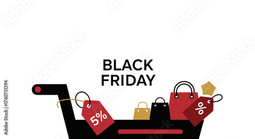 Black Friday banner Shopping cart full of sale bags and percentage tags