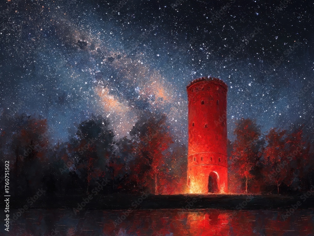 Fototapeta premium Moonlit Starry Night Painting Red Tower Forest Landscape Still Water Reflection Cosmic Sky Art Illuminated Rural Scene Dark Environment
