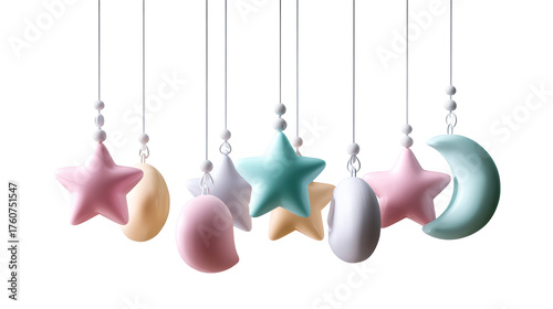 Softly Colored Star and Moon Shapes Hanging with Beads, cut out transparent