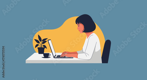 Woman using laptop at a desk Concepts of remote work productivity business and technology