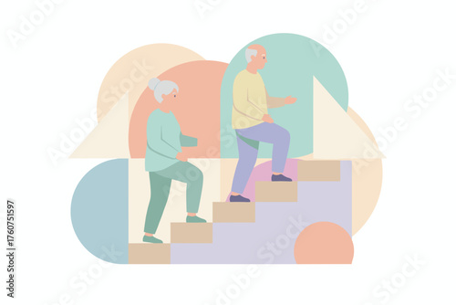 Active senior couple walking up stairs Healthy aging fitness and progress concept