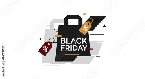 Black Friday sale illustration Shopping bag and discount tags for retail promotion