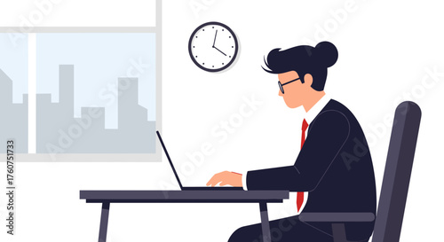 Busy professional works on laptop in an office overlooking the city