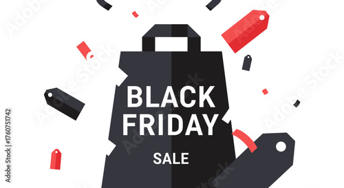 Black Friday Sale marketing banner with shopping bag and falling discount price tags
