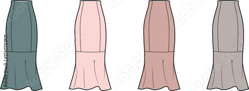 Collection of elegant mermaid long skirts in various colors, fashion technical flat drawing vector illustration set for clothing design and apparel templates