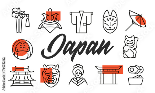 Japan poster. Japan poster design with cultural icons. Kimono, Torii, Geisha, Mask, Sushi icons. Simple poster for presentations, covers. Banner template. Vector illustration.