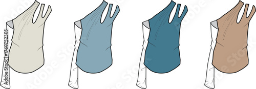 Fashion design vector illustration of an asymmetrical one-shoulder top with cutout details, presented in a modern color palette for apparel concepts