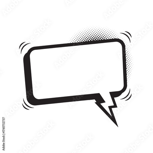 Rectangular comic speech bubble with lightning bolt tail and halftone dots. Pop art style black and white vector for shouting or dialogue.
