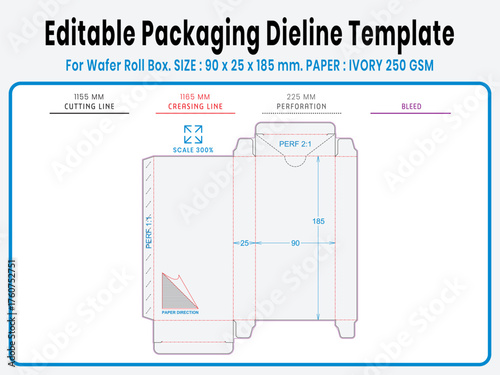 Editable packaging dieline template for wafer roll box. Real dimensions with cutting, creasing, and bleed guides. Ready-to-use vector file for printing and production setup.
