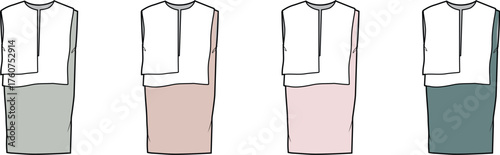 Diverse Color Palettes of a Minimalist White Tunic or Dress with a Layered Overlay