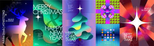 Modern Christmas and New Year background with abstract gradient, geometric shapes, and festive typography. Stylish neon design, deer, 3D Christmas tree, gift, bow, highlight for greeting card, poster
