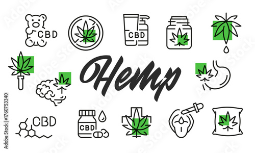 Hemp poster. Hemp poster design with medical icons. Leaf, Oil, Pill, Brain, CBD icons. Simple poster for presentations, covers. Banner template. Vector illustration.