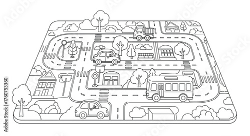 Black and white illustration of a toy town road map with vehicles