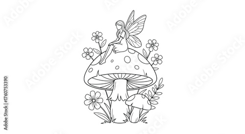 A delicate fairy resting peacefully on a mushroom amidst floral details