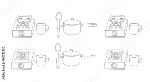 Simple line drawing of stovetops cookware and coffee cups arranged neatly